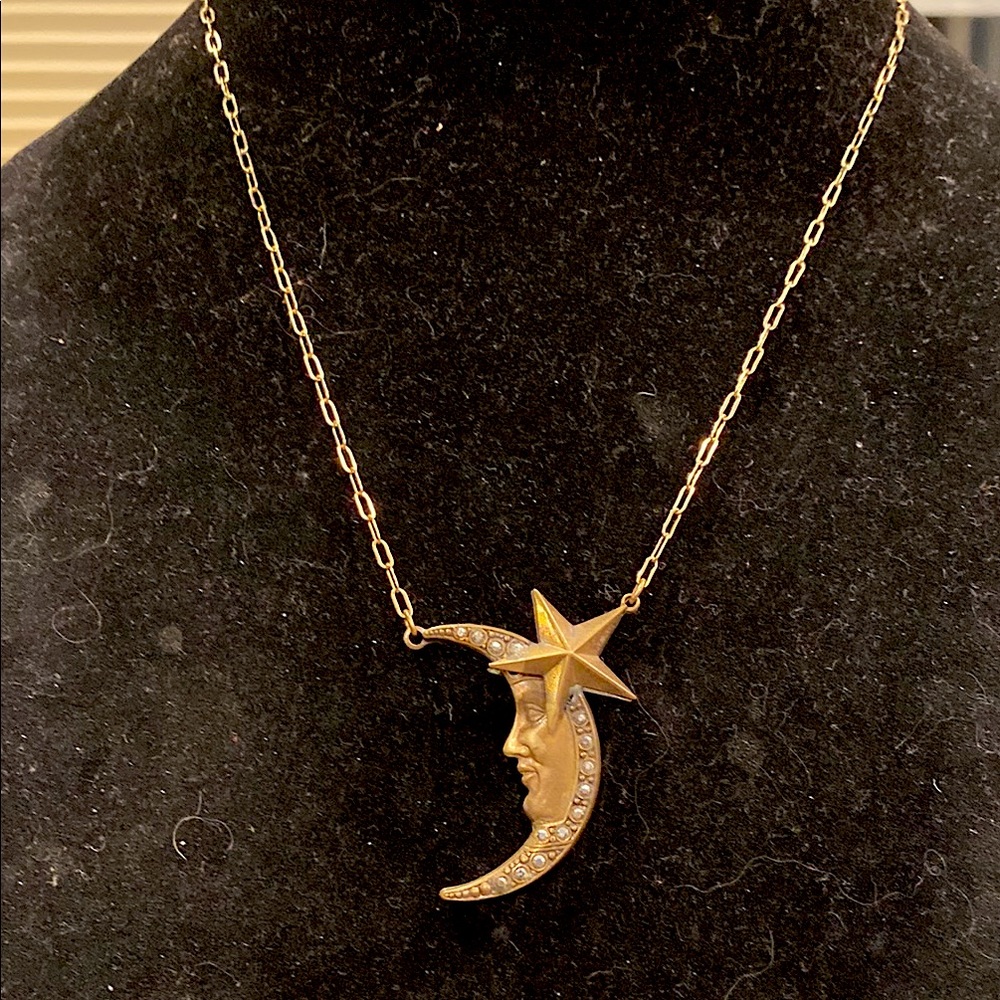 Pididdly Links Moon and Star Necklace in Antique Gold Bronze Tone.